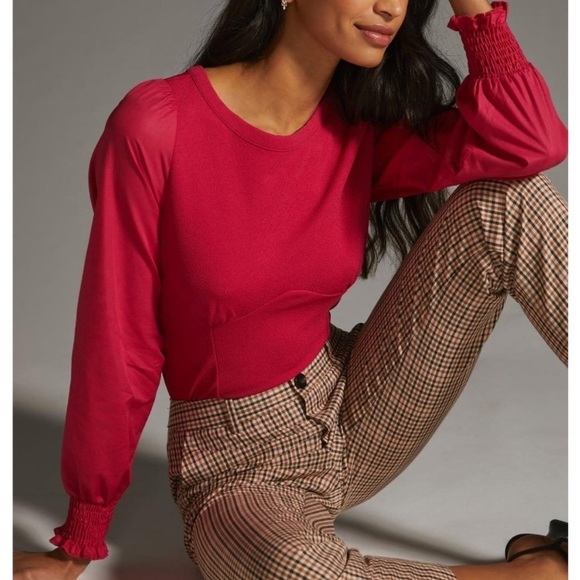 NWOT By Anthropologie Structured Long Sleeve Top Wine Red Medium Cottage - Picture 4 of 10